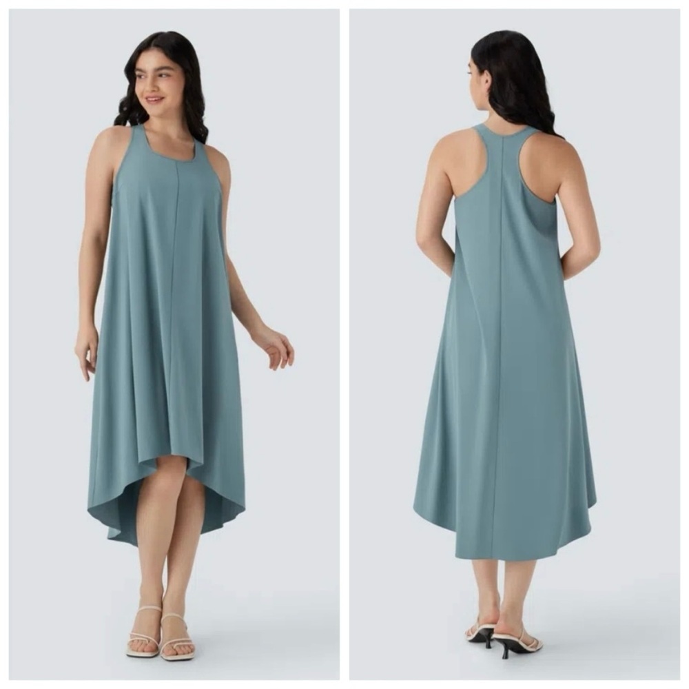 Halara NEW Breezyful Racerback BLUE Flowy High Low Midi Dress Built In Bra Sz XL